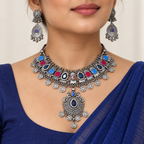 Sahar | Handcrafted Blue & Pink Silver-Tone Necklace Set | DEVIQ | JS-1018