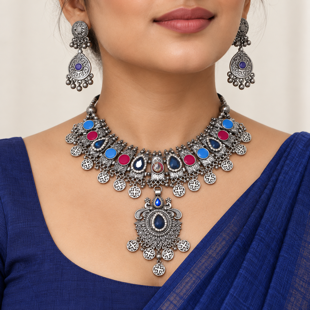 Sahar | Handcrafted Blue & Pink Silver-Tone Necklace Set | DEVIQ | JS-1018