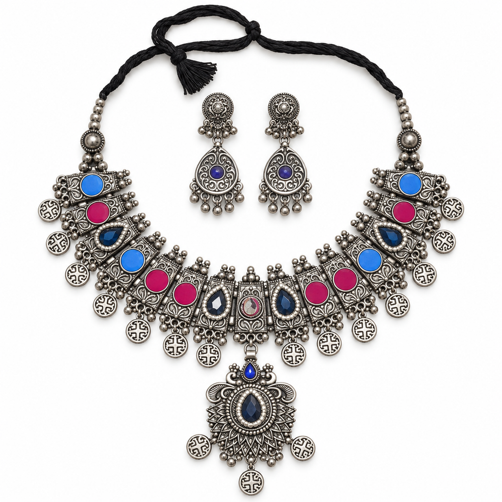 Sahar | Handcrafted Blue & Pink Silver-Tone Necklace Set | DEVIQ | JS-1018