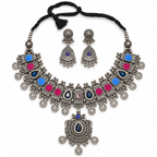 Sahar | Handcrafted Blue & Pink Silver-Tone Necklace Set | DEVIQ | JS-1018