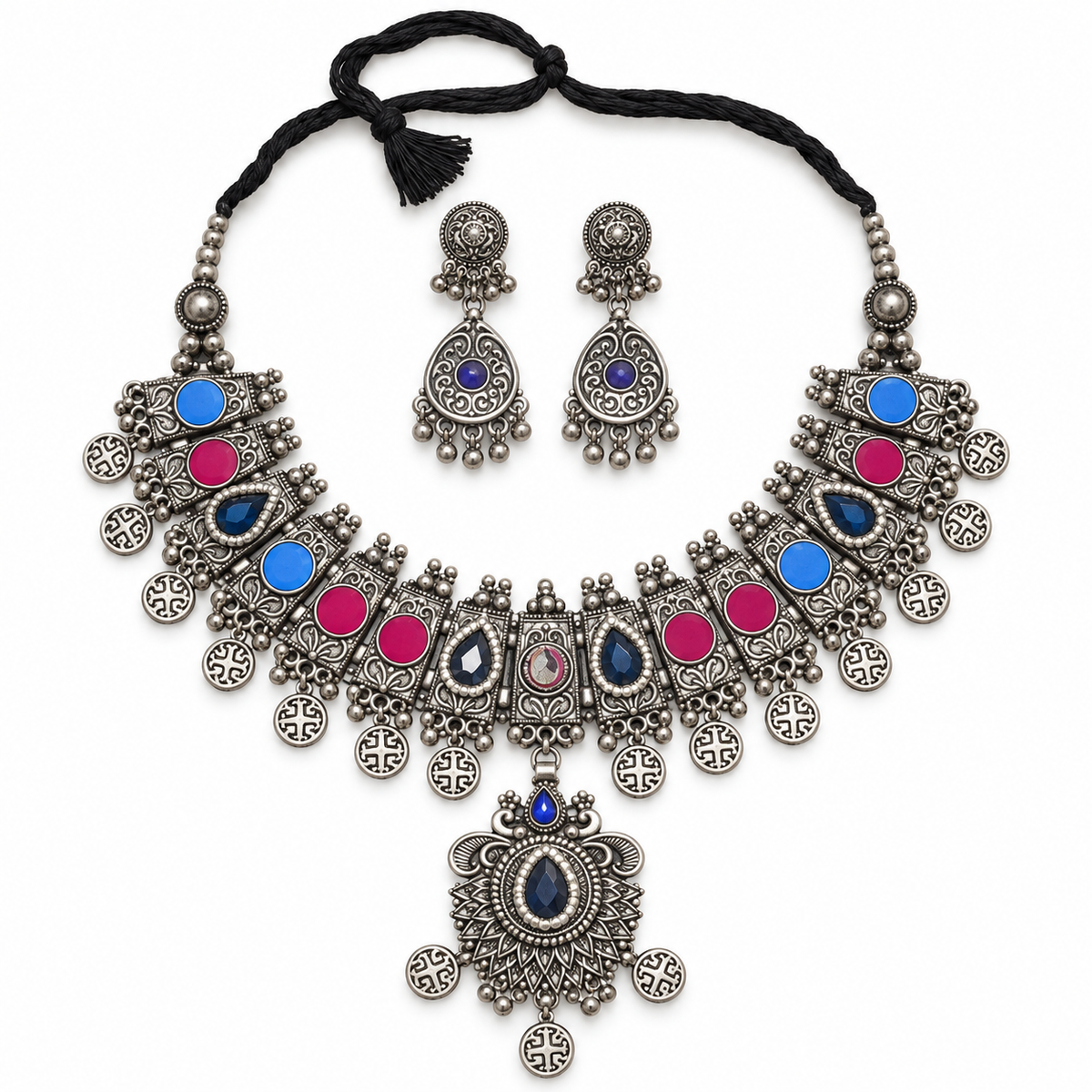 Sahar | Handcrafted Blue & Pink Silver-Tone Necklace Set | DEVIQ | JS-1018