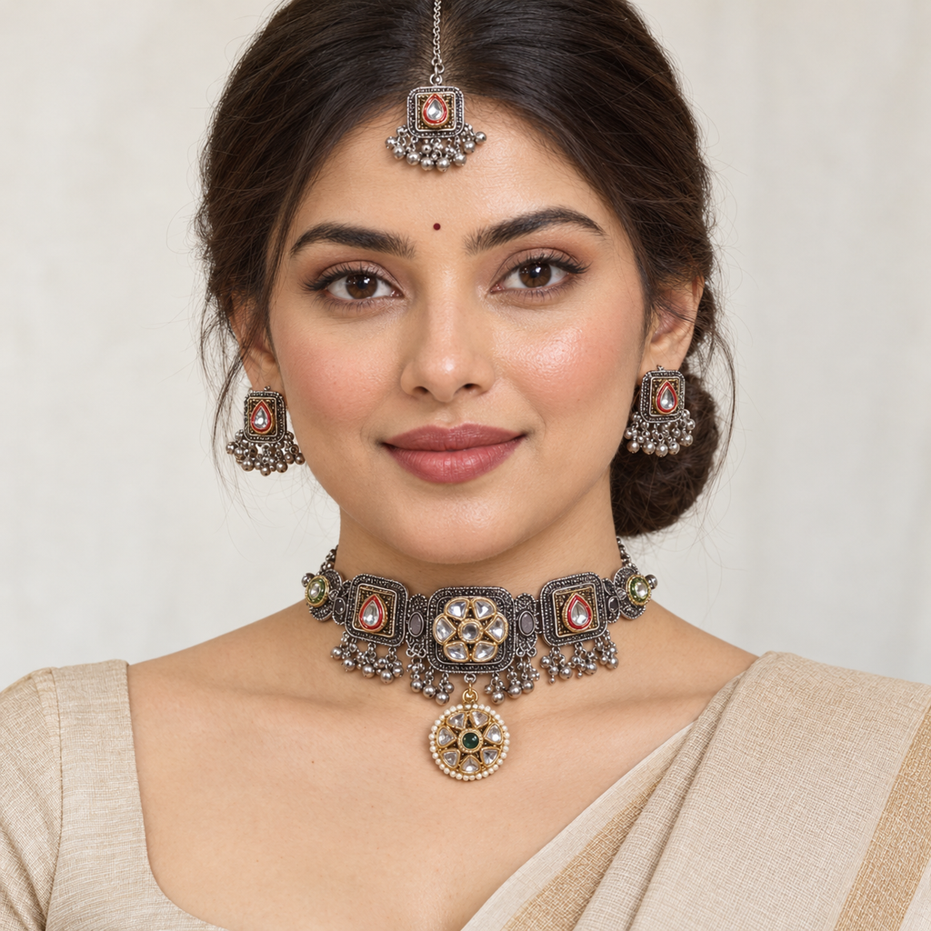Roshni | Handcrafted Dual-Tone Choker, Earrings & Maang Teeka Set | DEVIQ | JS-1019