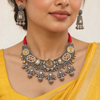 Zareen | Handcrafted Dual-Tone Crescent Necklace & Earrings Set | DEVIQ | JS-1020