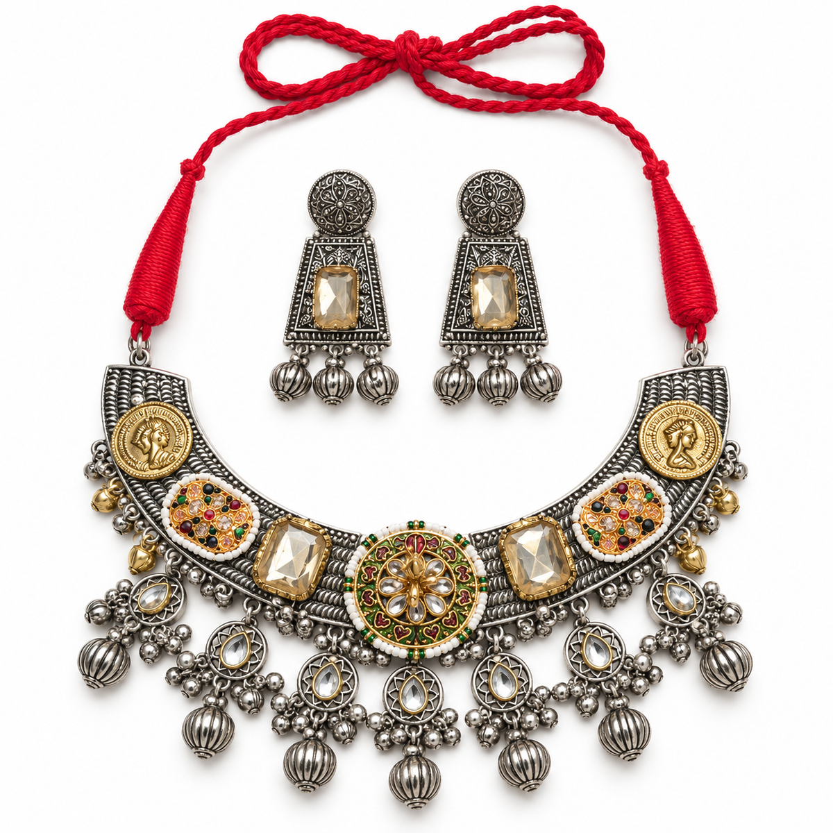 Zareen | Handcrafted Dual-Tone Crescent Necklace & Earrings Set | DEVIQ | JS-1020
