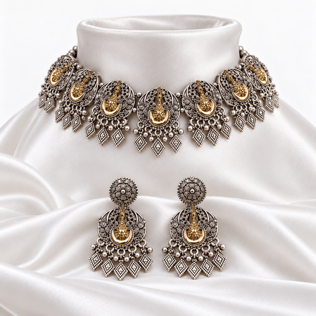 Jhalak | Dual-Tone Handcrafted Necklace & Earrings Set | DEVIQ | JS-1005