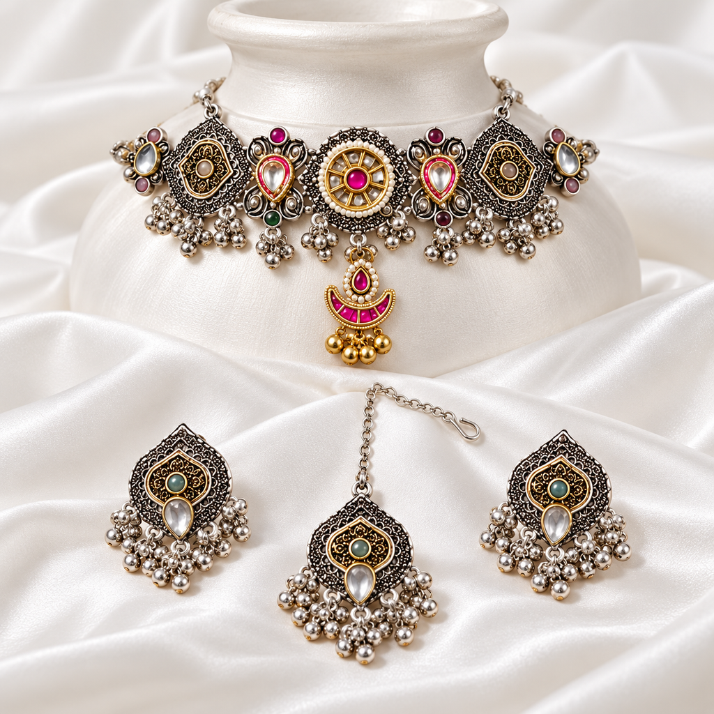 Chaand | Dual-Tone Handcrafted Choker, Earrings & Maang Teeka Set | DEVIQ | JS-1006