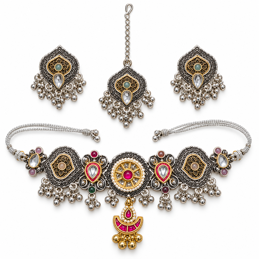Chaand | Dual-Tone Handcrafted Choker, Earrings & Maang Teeka Set | DEVIQ | JS-1006