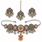 Chaand | Dual-Tone Handcrafted Choker, Earrings & Maang Teeka Set | DEVIQ | JS-1006