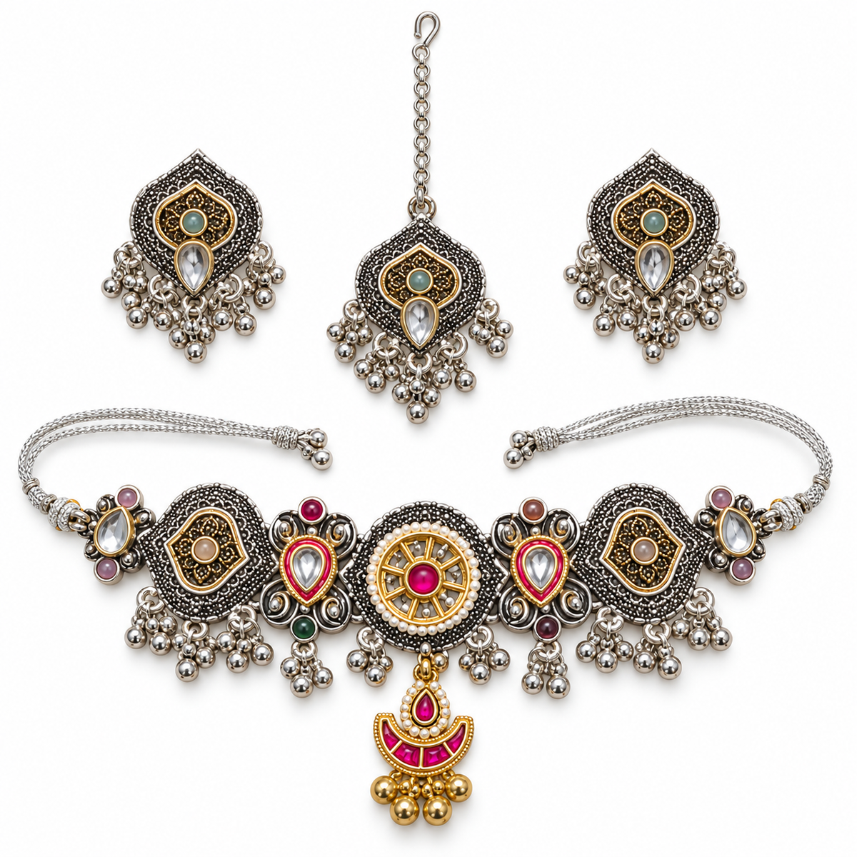Chaand | Dual-Tone Handcrafted Choker, Earrings & Maang Teeka Set | DEVIQ | JS-1006