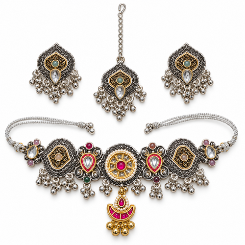 Chaand | Dual-Tone Handcrafted Choker, Earrings & Maang Teeka Set | DEVIQ | JS-1006