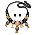 Gul | Black & Pink Handcrafted Necklace & Stud Earrings Set | DEVIQ | JS-1007