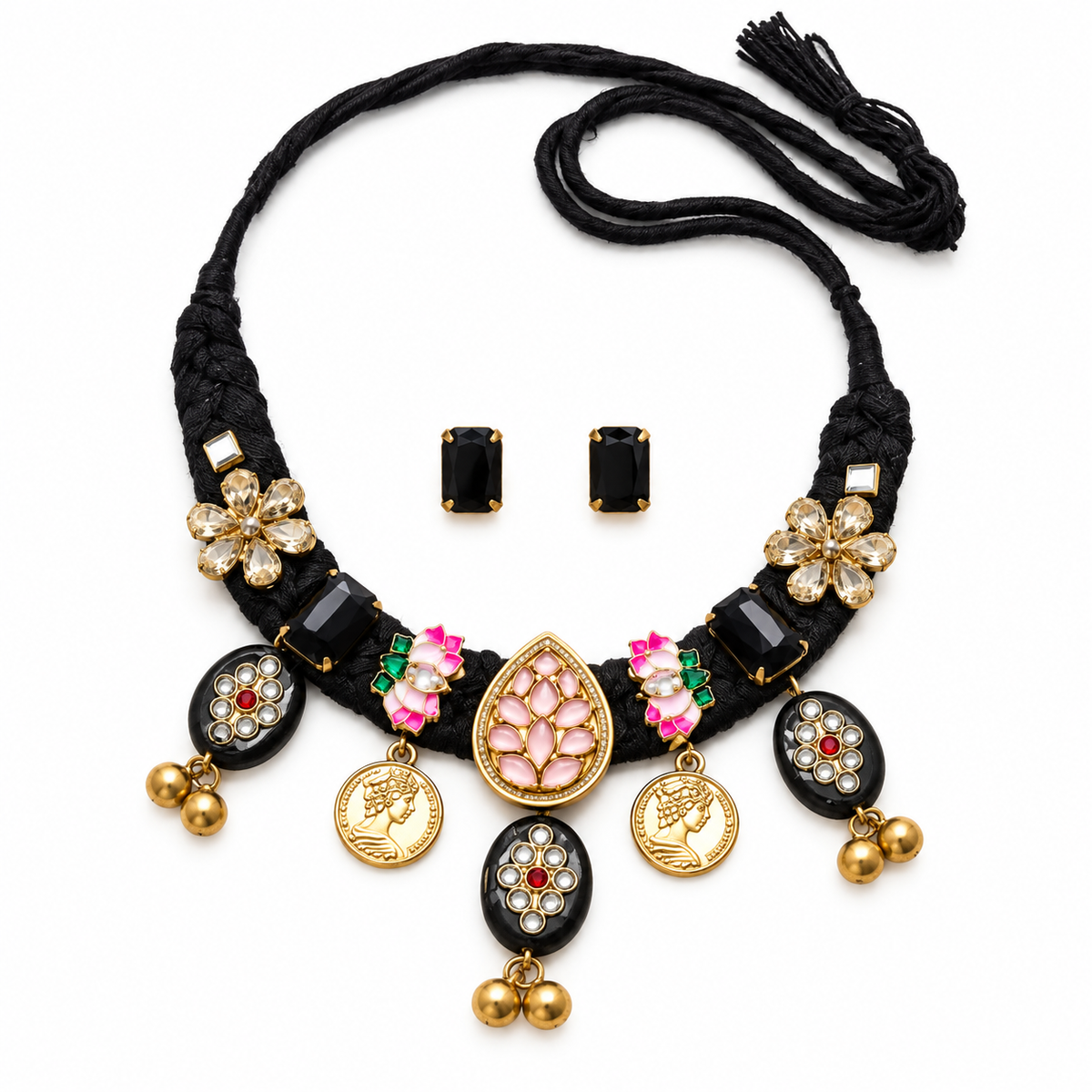 Gul | Black & Pink Handcrafted Necklace & Stud Earrings Set | DEVIQ | JS-1007