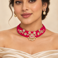 Meher | Red Handcrafted Choker & Earrings Set | DEVIQ | JS-1008