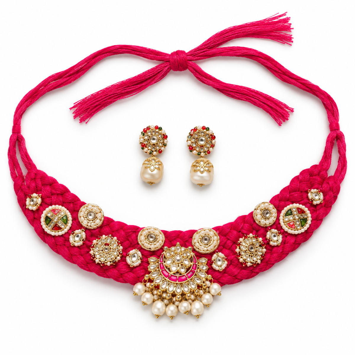 Meher | Red Handcrafted Choker & Earrings Set | DEVIQ | JS-1008