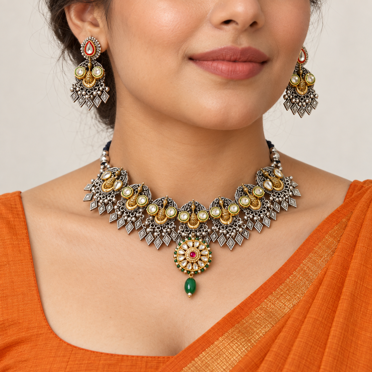 Nargis | Handcrafted Dual-Tone Peacock Necklace & Earrings Set | DEVIQ | JS-1021