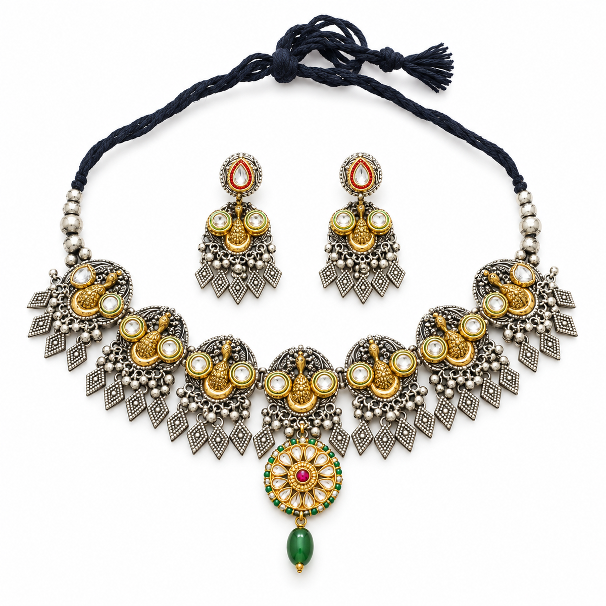 Nargis | Handcrafted Dual-Tone Peacock Necklace & Earrings Set | DEVIQ | JS-1021