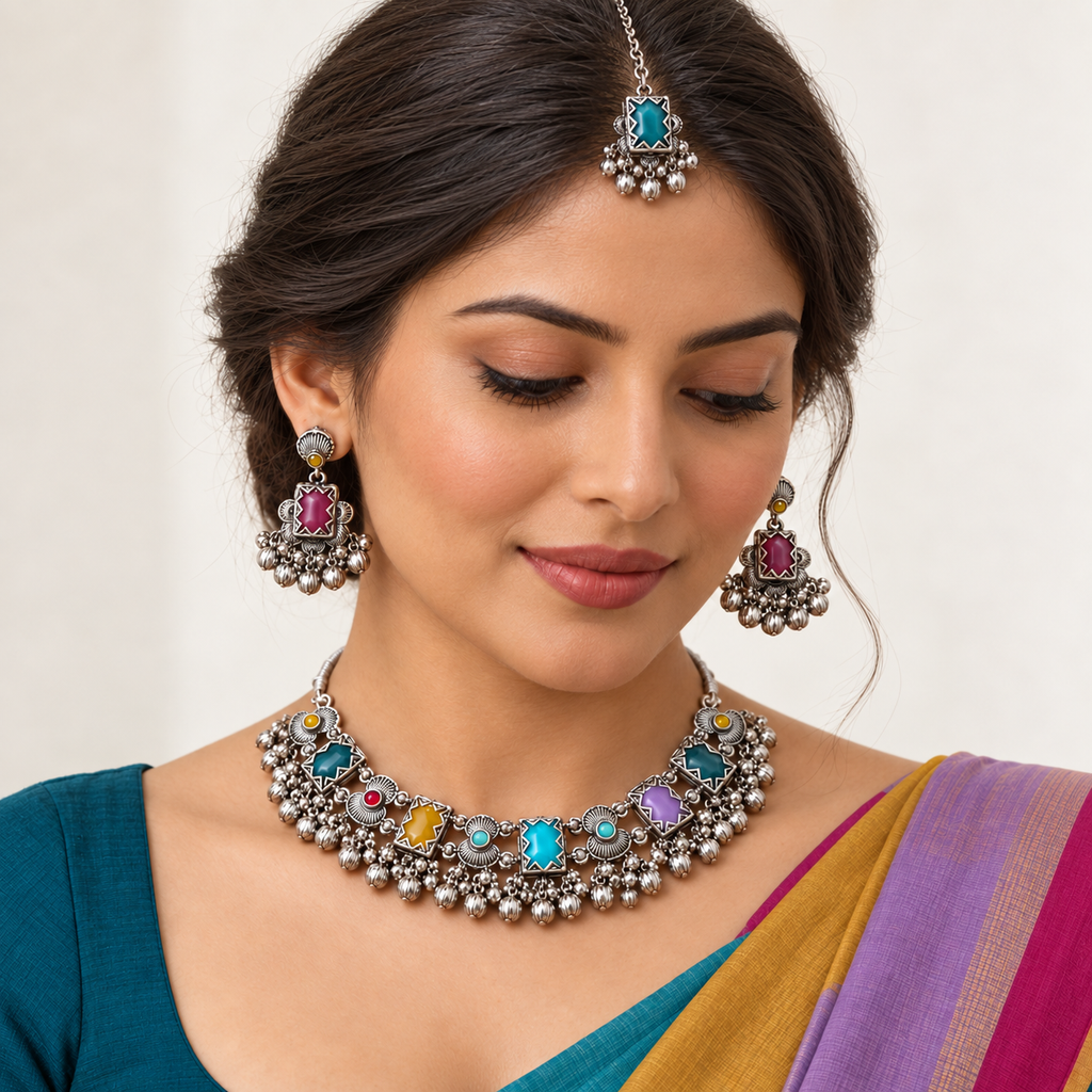 Sitara | Handcrafted Multicolour Necklace, Earrings & Maang Teeka Set | DEVIQ | JS-1022