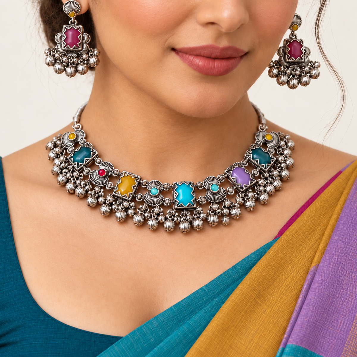 Sitara | Handcrafted Multicolour Necklace, Earrings & Maang Teeka Set | DEVIQ | JS-1022
