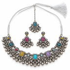 Sitara | Handcrafted Multicolour Necklace, Earrings & Maang Teeka Set | DEVIQ | JS-1022