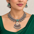 Gulnaar | Handcrafted Green & Red Silver-Tone Necklace & Earrings Set | DEVIQ | JS-1023