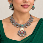 Gulnaar | Handcrafted Green & Red Silver-Tone Necklace & Earrings Set | DEVIQ | JS-1023