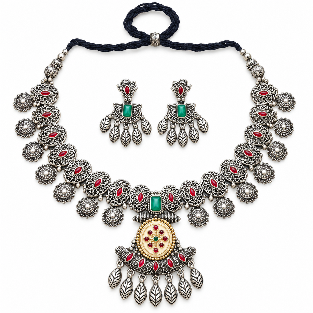 Gulnaar | Handcrafted Green & Red Silver-Tone Necklace & Earrings Set | DEVIQ | JS-1023