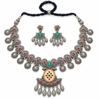 Gulnaar | Handcrafted Green & Red Silver-Tone Necklace & Earrings Set | DEVIQ | JS-1023