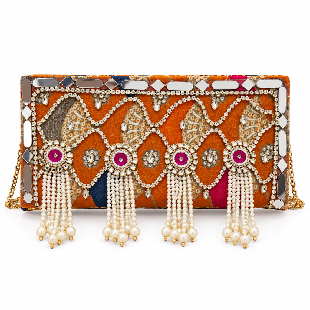 Raqs | Orange Hand-Embellished Pearl-Style Tassel Clutch | DEVIQ | CL-1002