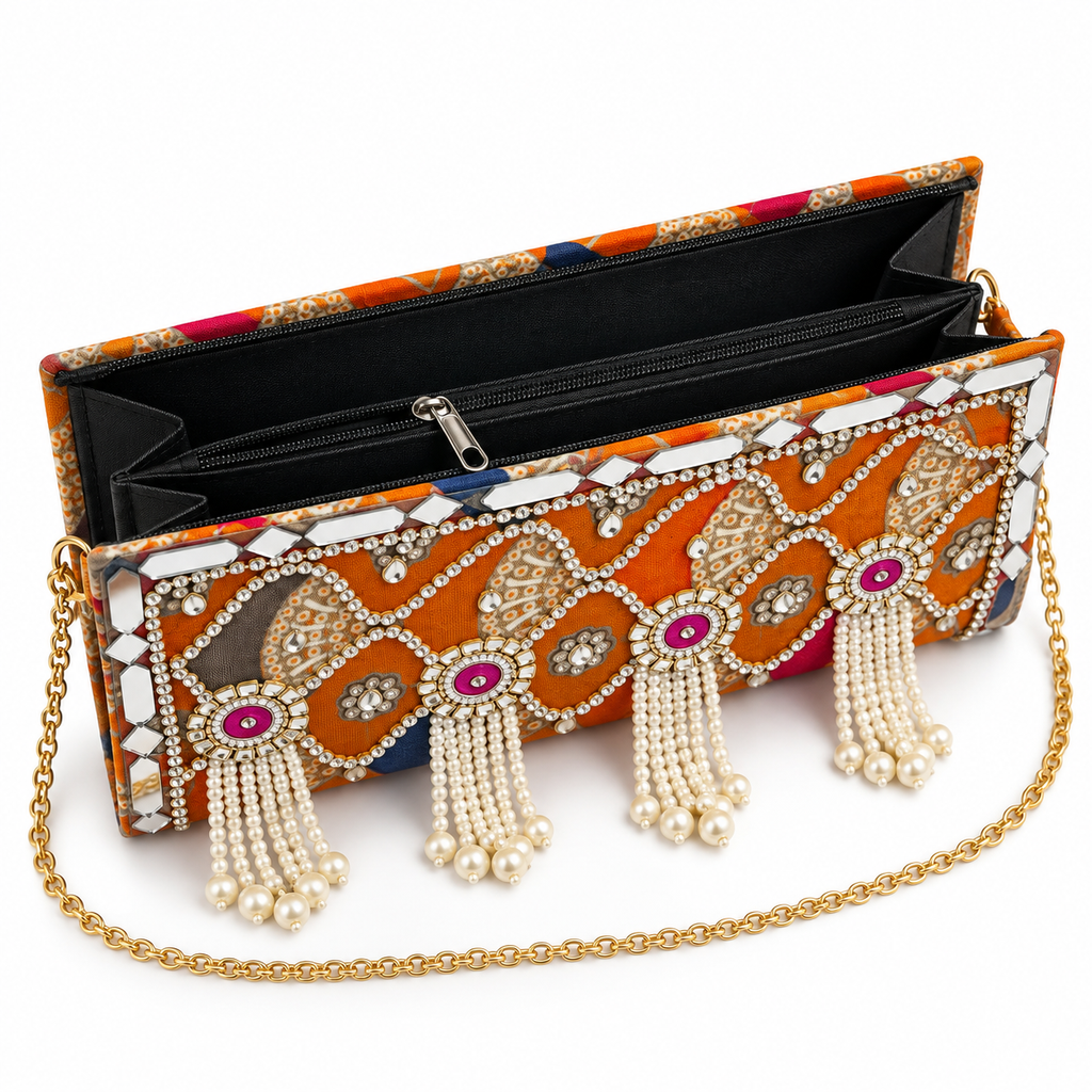Raqs | Orange Hand-Embellished Pearl-Style Tassel Clutch | DEVIQ | CL-1002