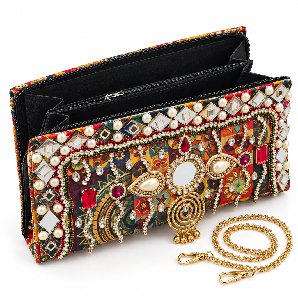 Sitara | Multicolour Hand-Embellished Festive Clutch with Chain Sling | DEVIQ | CL-1003