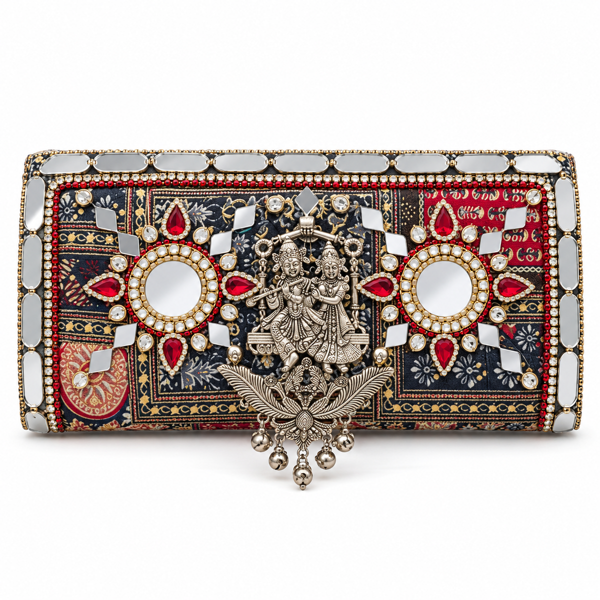 Dastaan | Black & Red Hand-Embellished Festive Clutch with Chain Sling | DEVIQ | CL-1004
