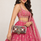 Dastaan | Black & Red Hand-Embellished Festive Clutch with Chain Sling | DEVIQ | CL-1004