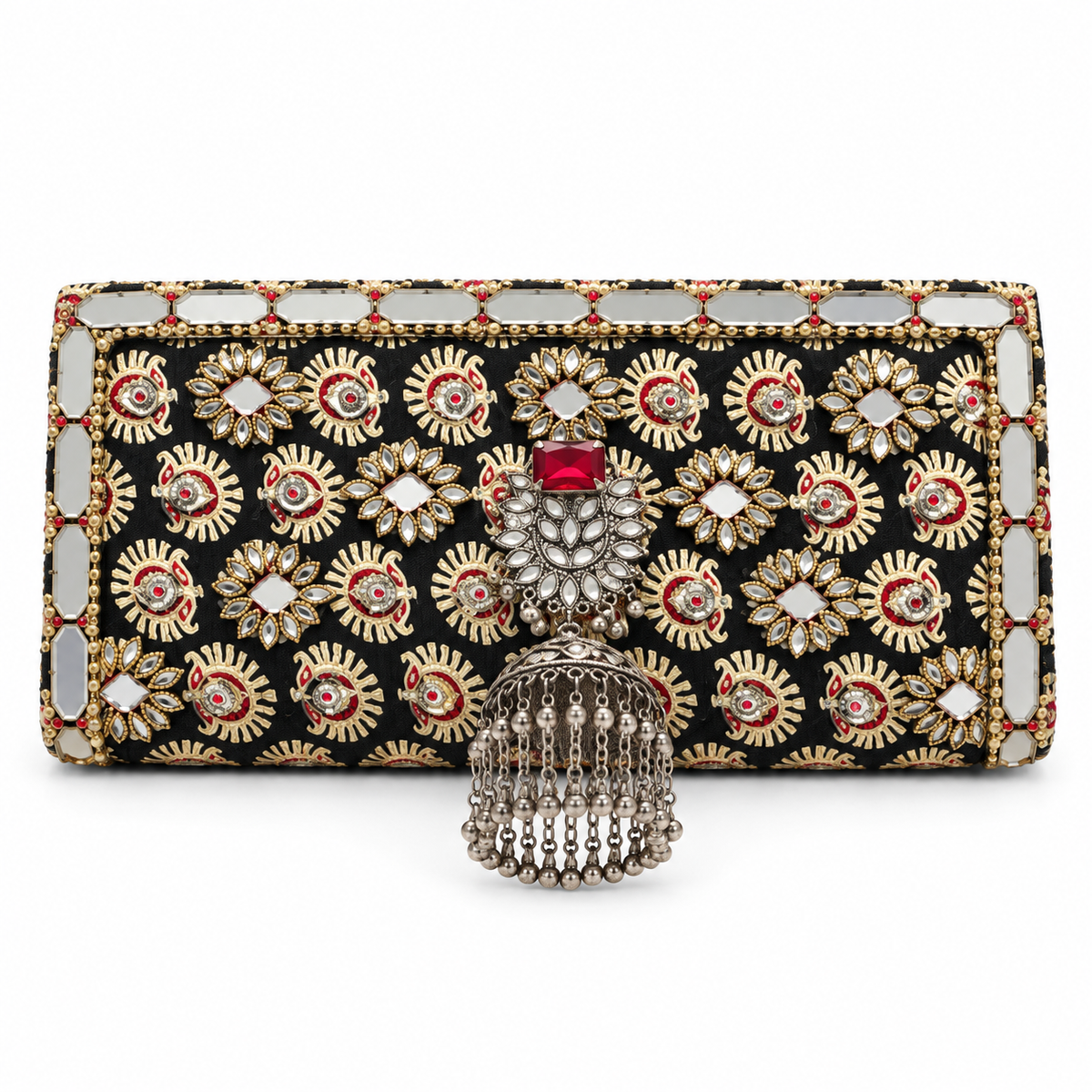 Afsana | Black & Gold Hand-Embellished Jhumka Clutch with Chain Sling | DEVIQ | CL-1005