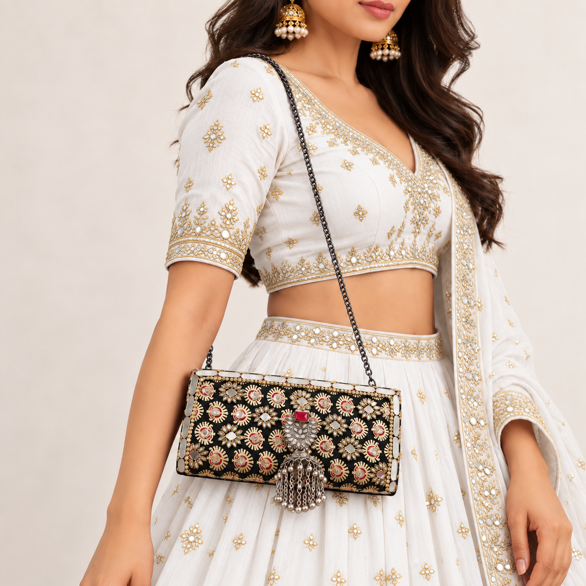 Afsana | Black & Gold Hand-Embellished Jhumka Clutch with Chain Sling | DEVIQ | CL-1005