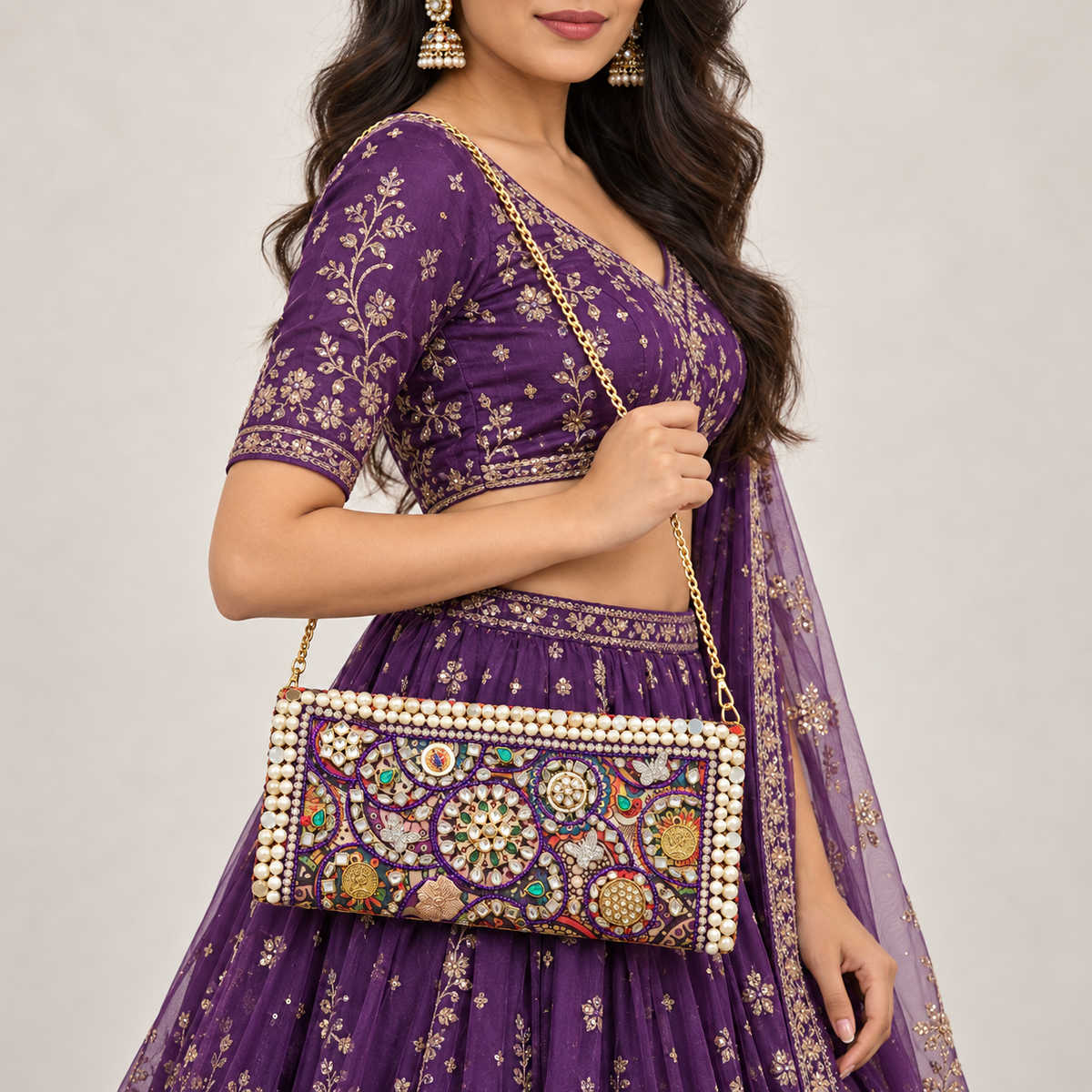 Naayab | Multicolour Hand-Embellished Pearl-Border Clutch | DEVIQ | CL-1006