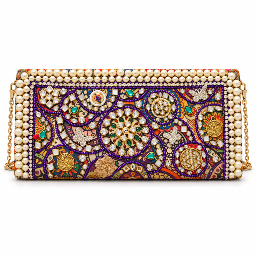 Naayab | Multicolour Hand-Embellished Pearl-Border Clutch | DEVIQ | CL-1006