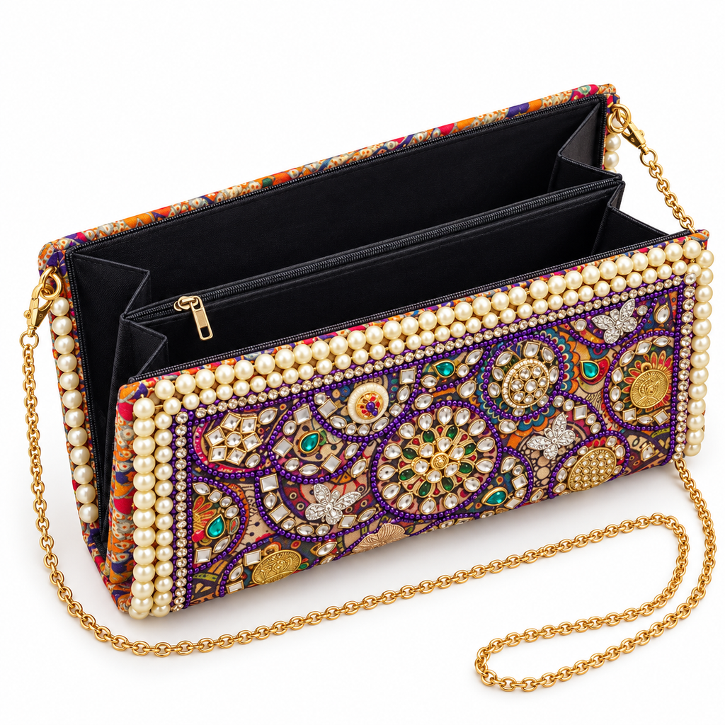 Naayab | Multicolour Hand-Embellished Pearl-Border Clutch | DEVIQ | CL-1006