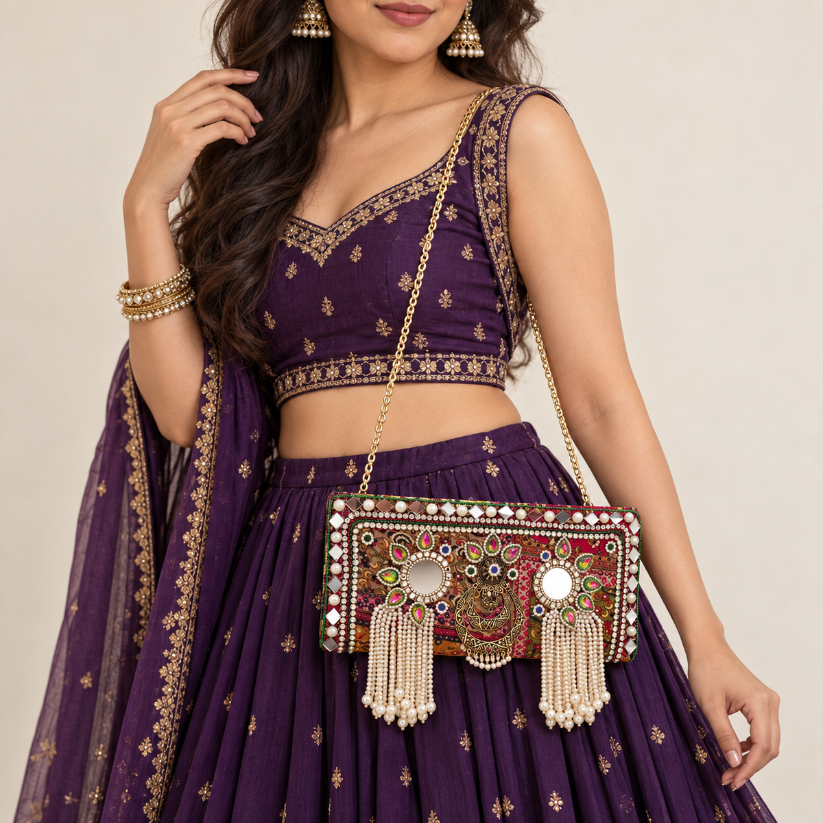 Chand Mahal Pearl Clutch | Multicolour Hand-Embellished Sling Bag | DEVIQ | CL-1007