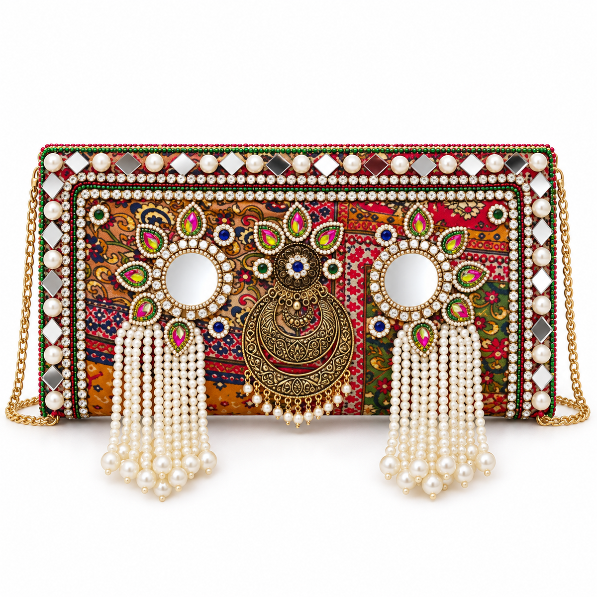 Chand Mahal Pearl Clutch | Multicolour Hand-Embellished Sling Bag | DEVIQ | CL-1007