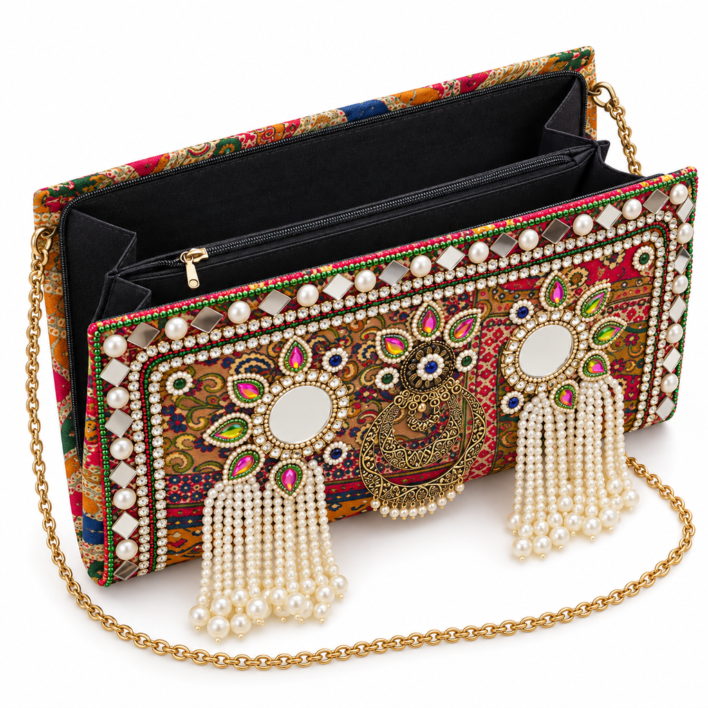 Chand Mahal Pearl Clutch | Multicolour Hand-Embellished Sling Bag | DEVIQ | CL-1007