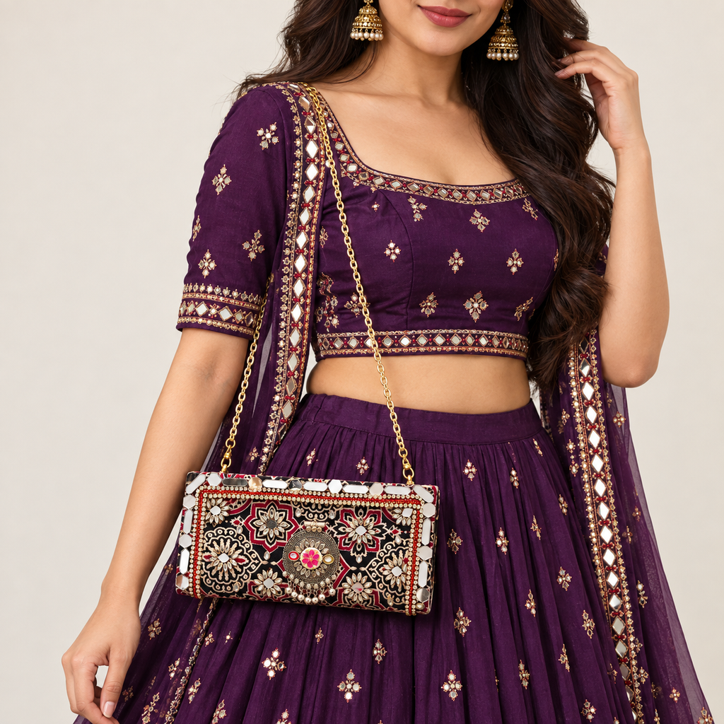 Gul Mahal Mirror Clutch | Black & Maroon Hand-Embellished Sling Bag | DEVIQ | CL-1008