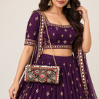 Gul Mahal Mirror Clutch | Black & Maroon Hand-Embellished Sling Bag | DEVIQ | CL-1008