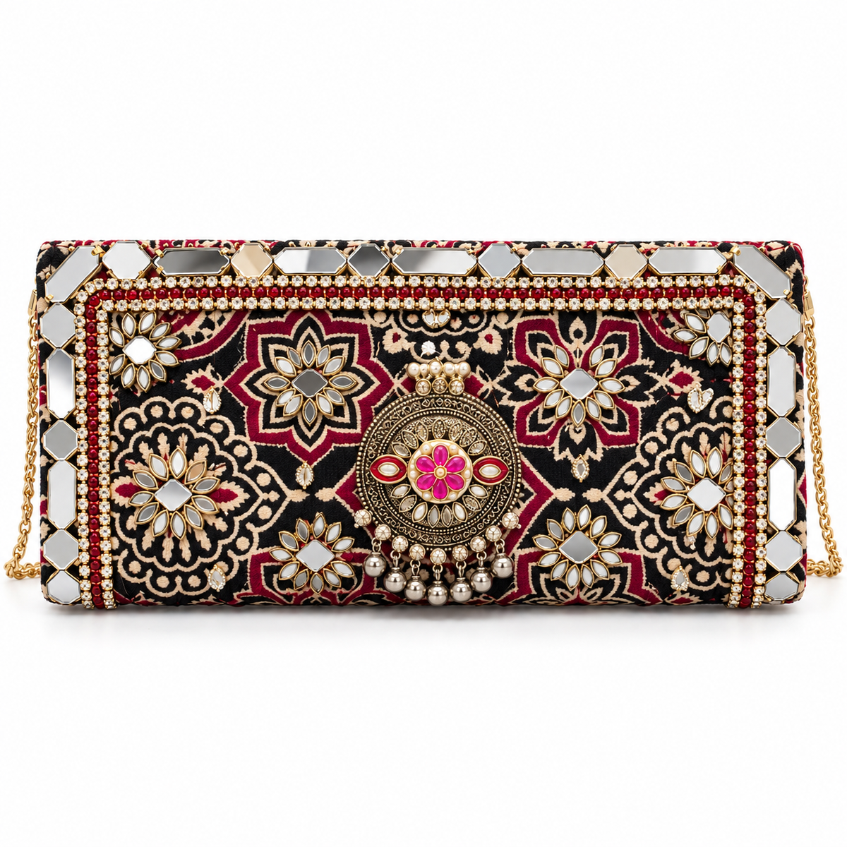 Gul Mahal Mirror Clutch | Black & Maroon Hand-Embellished Sling Bag | DEVIQ | CL-1008