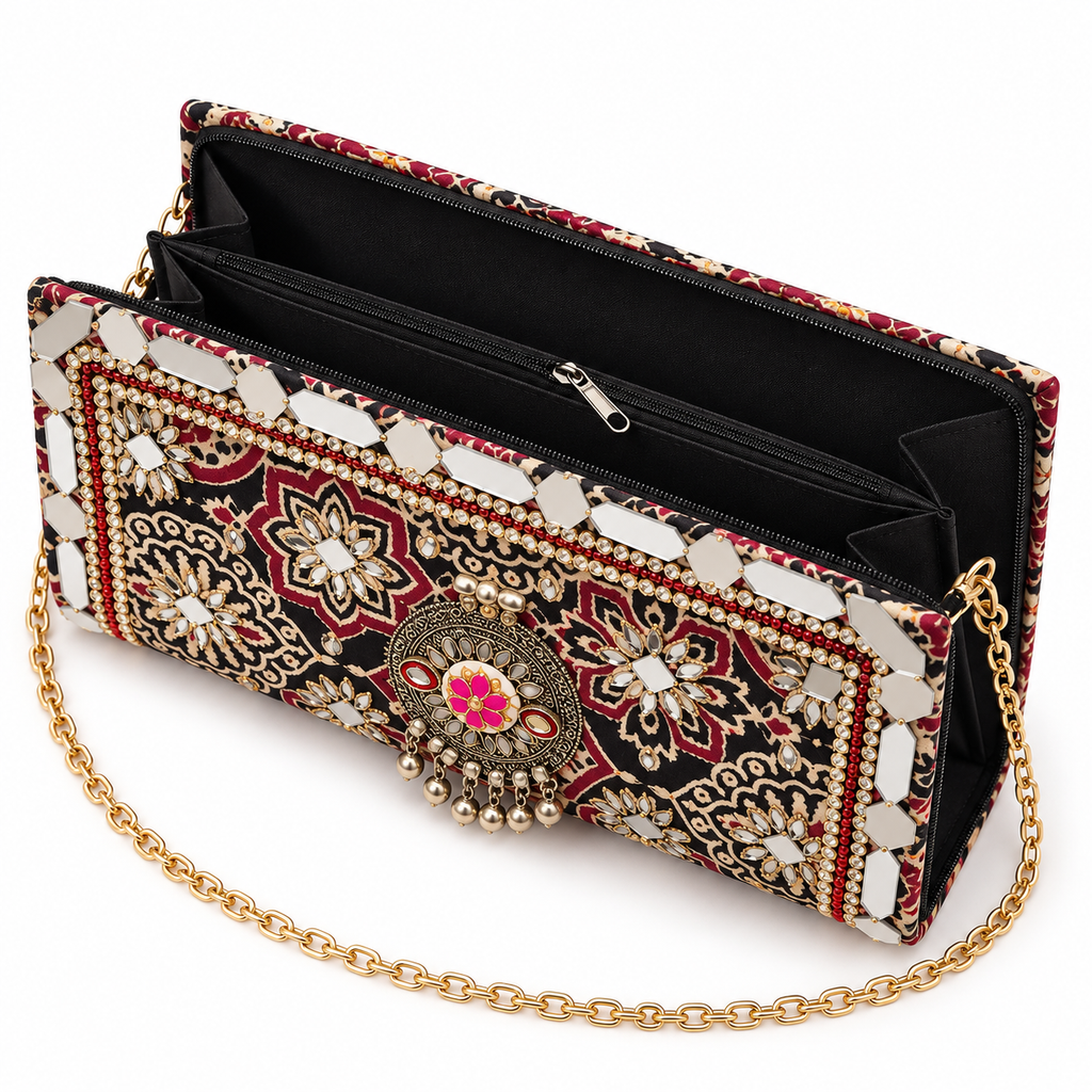 Gul Mahal Mirror Clutch | Black & Maroon Hand-Embellished Sling Bag | DEVIQ | CL-1008
