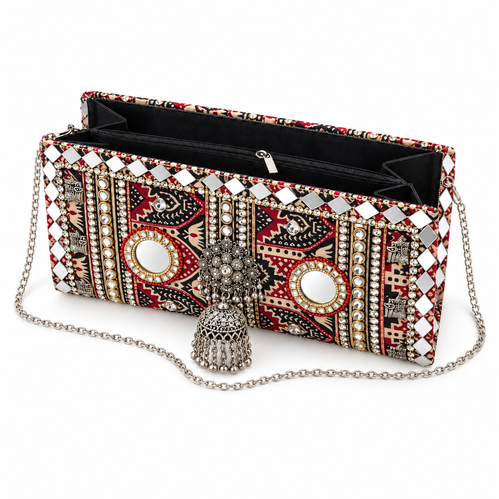 Jharokha Jhumka Clutch | Black & Maroon Hand-Embellished Sling Bag | DEVIQ | CL-1009