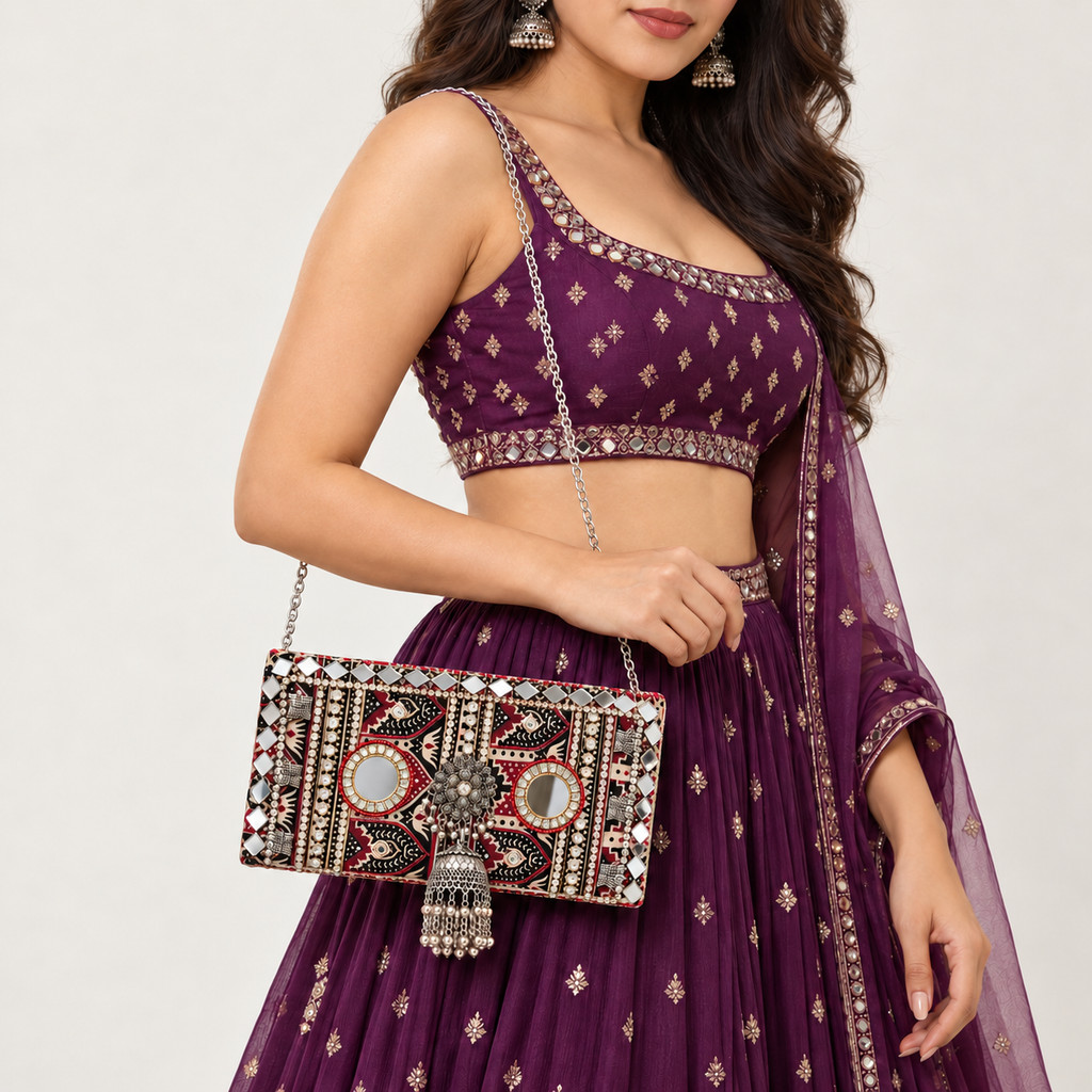 Jharokha Jhumka Clutch | Black & Maroon Hand-Embellished Sling Bag | DEVIQ | CL-1009
