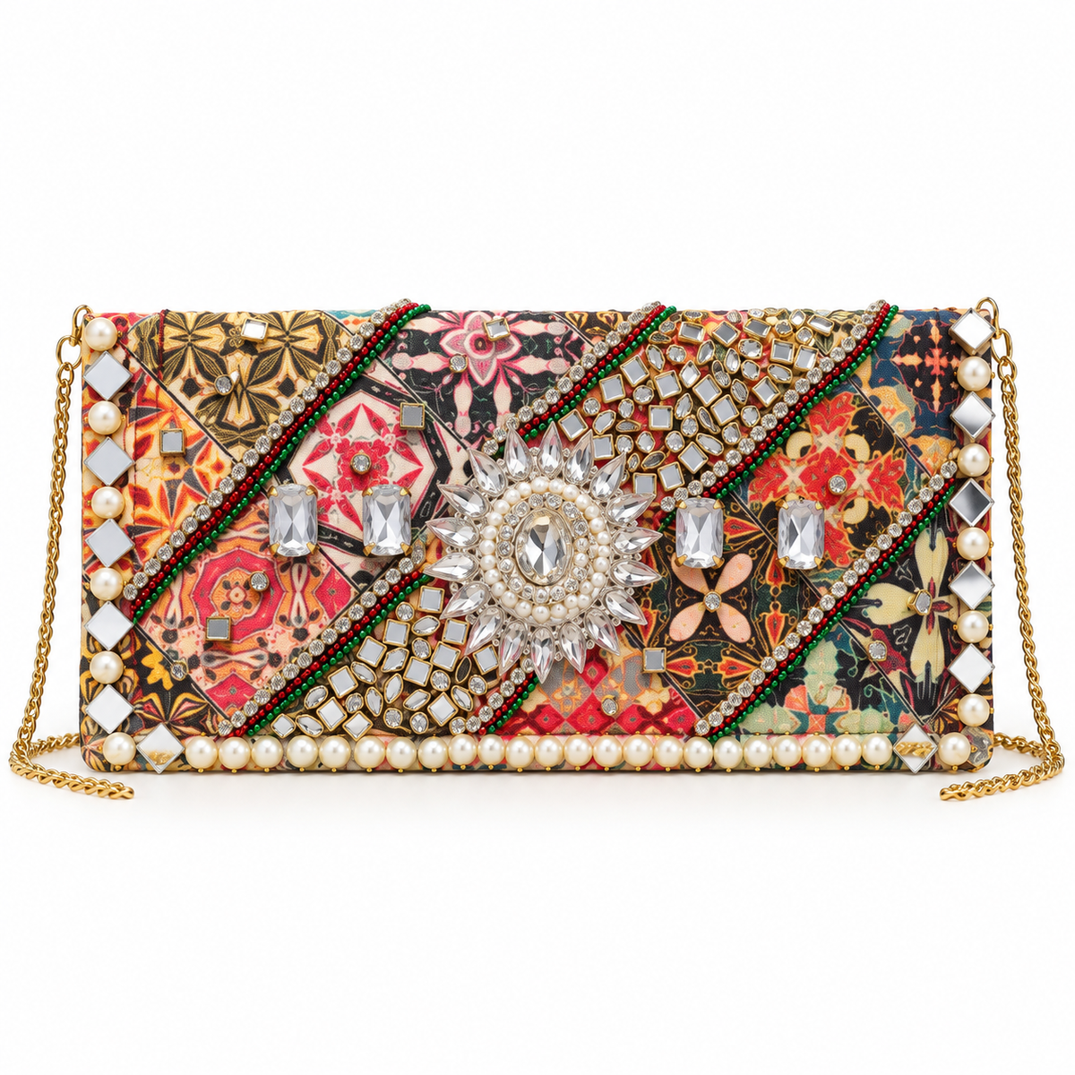 Rang Mahal Sunburst Clutch | Multicolour Hand-Embellished Sling Bag | DEVIQ | CL-1010
