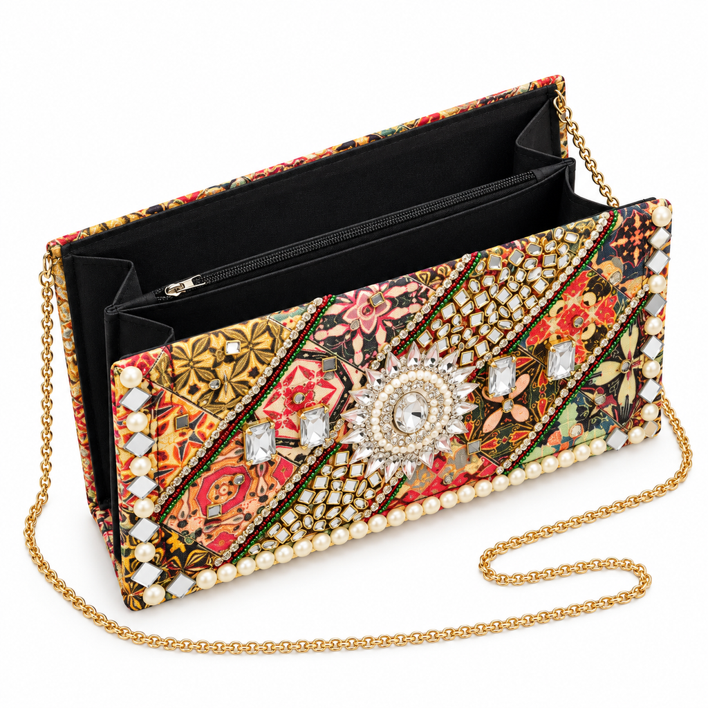 Rang Mahal Sunburst Clutch | Multicolour Hand-Embellished Sling Bag | DEVIQ | CL-1010
