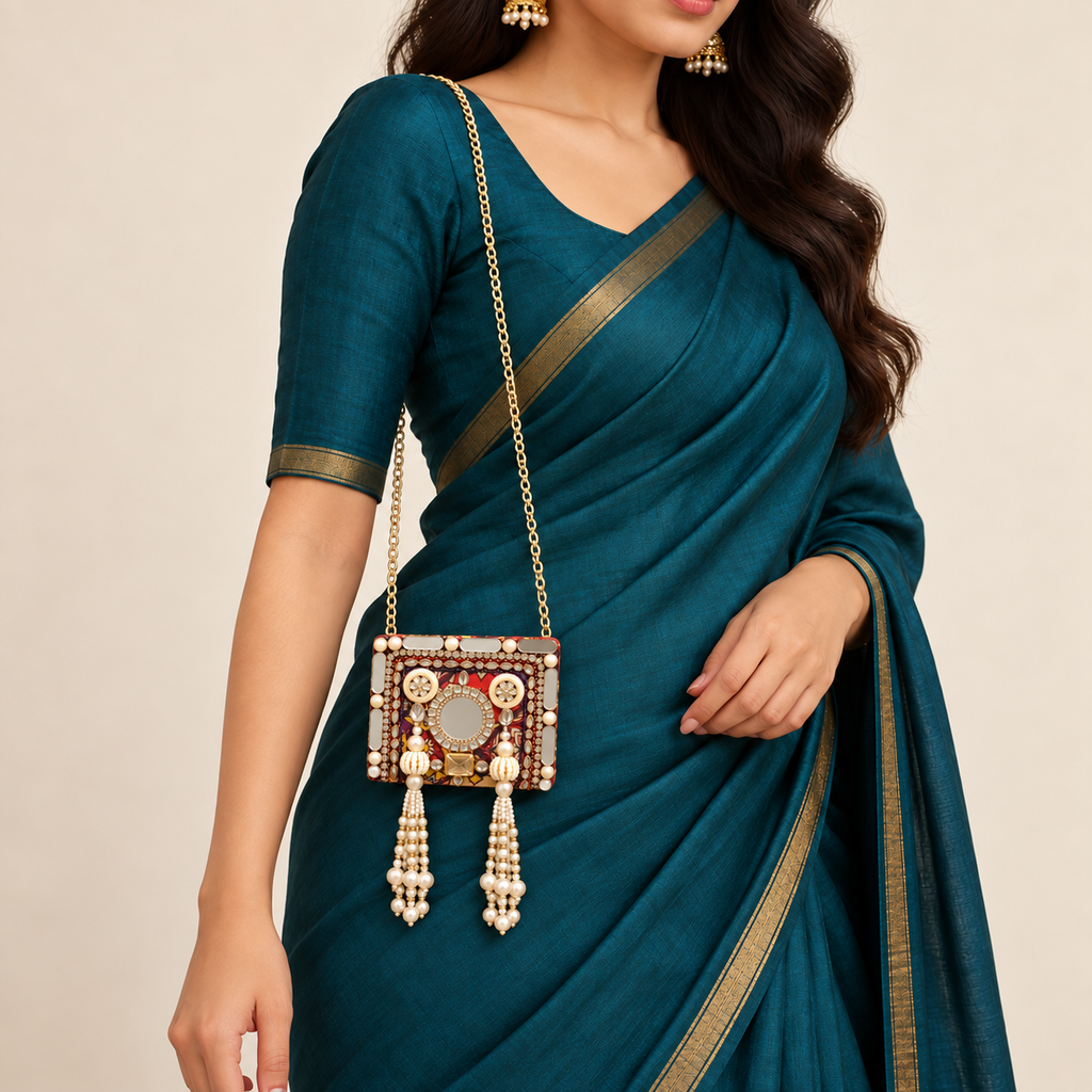 Sheesh Mahal Pearl Mini Clutch | Hand-Embellished Mirror Sling Bag | DEVIQ | MC-1001