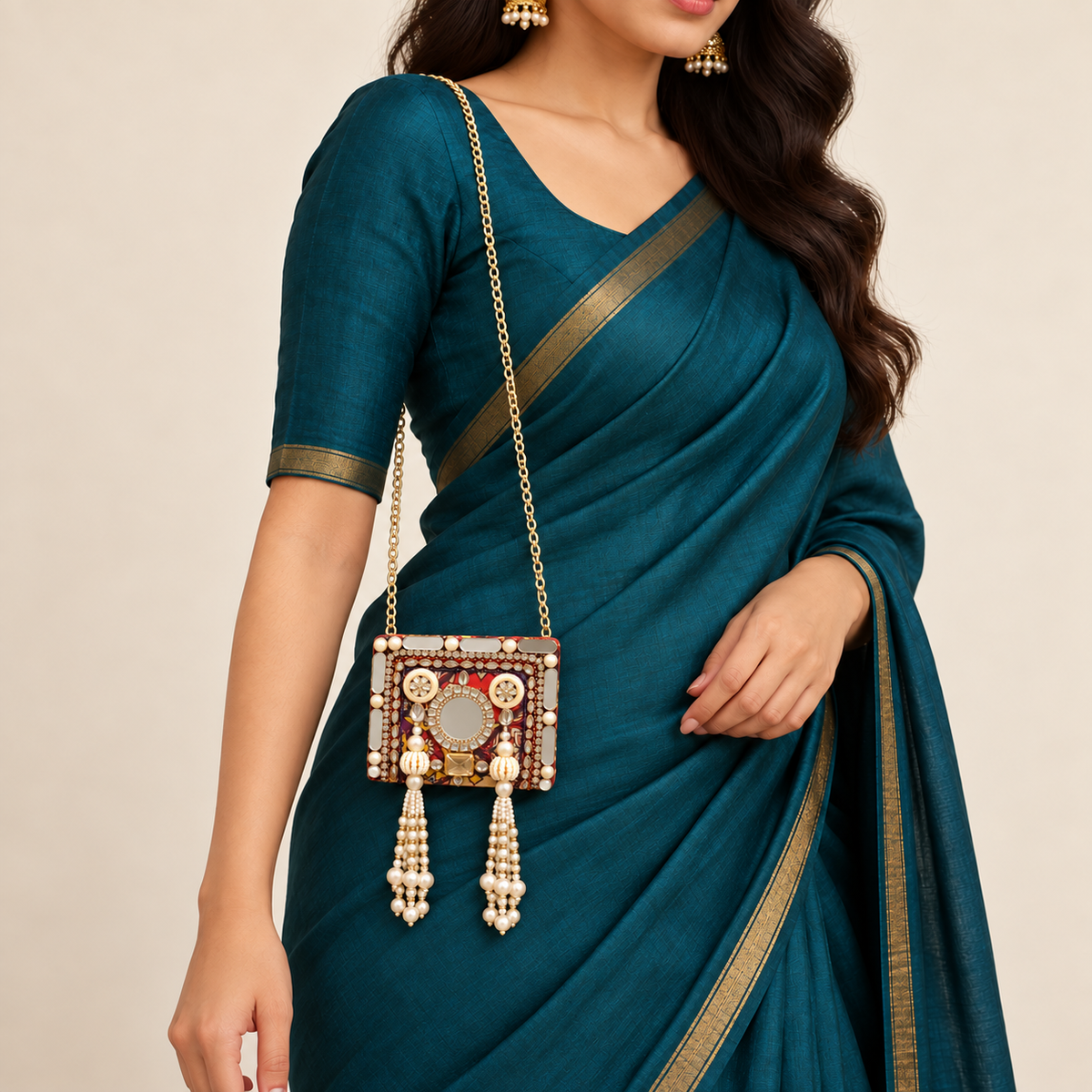 Sheesh Mahal Pearl Mini Clutch | Hand-Embellished Mirror Sling Bag | DEVIQ | MC-1001